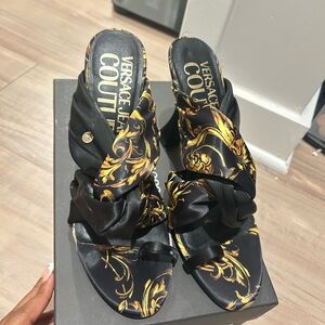Versace Jeans Collection Black and Gold Heels with Baroque Design